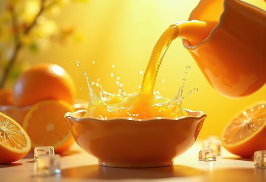 Golden Splash of Orange Juice in Bright, Sunlit Breakfast Spot Tantalizing Morning Energy Burst
