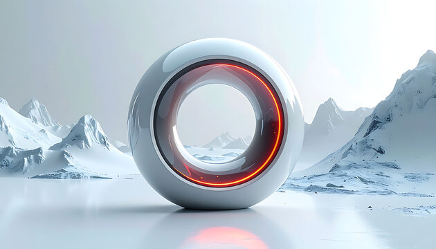 Futuristic glowing orb with red light ring in snowy mountain landscape, digital innovation and technology concept