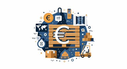 Fototapeta premium European Logistics and Global Trade Concept with Euro Symbol, Pallet, and Shipping Icons