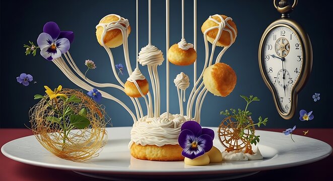 Surreal gourmet dessert presentation with melting clock and edible flowers on a plate
