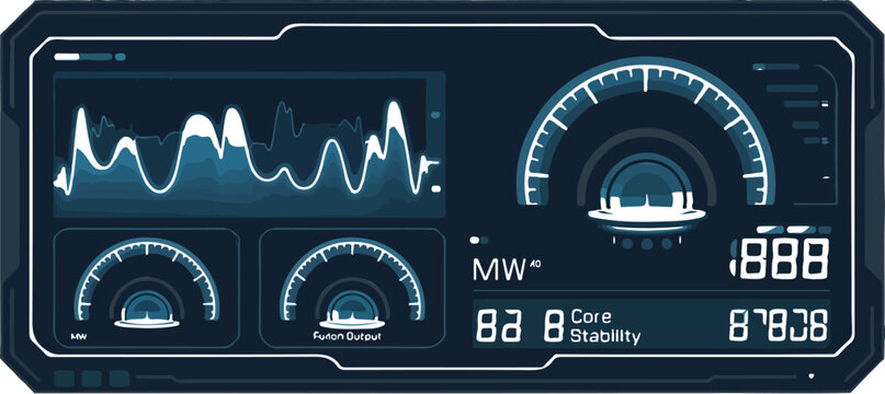 Advanced holographic user interface displaying fusion output and core stability metrics in a futuristic setting.