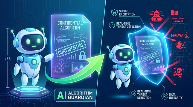 A futuristic AI robot guardian securing a digital confidential algorithm document behind a cyber security glowing shield from malware and hacking threats.