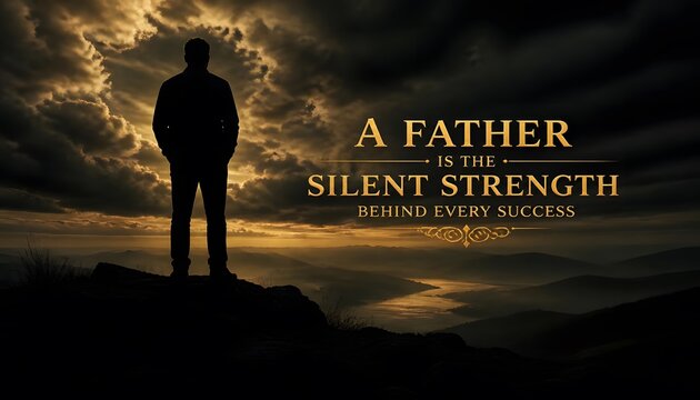 Silhouette of man standing on mountain ridge overlooking sunset valley with inspirational quote about fathers being silent strength behind success ideal for fathers day celebration and family values.