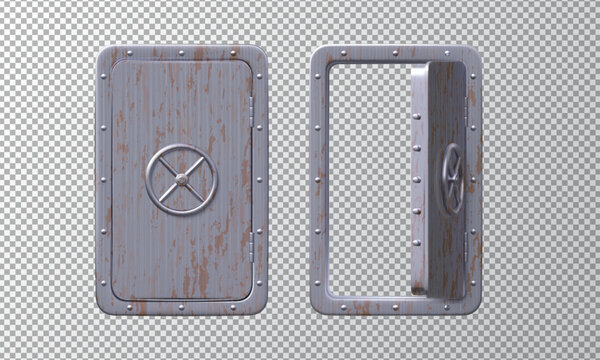 Submarine door with a circular wheel lock, vintage armor metal entrance open and close, vector realistic 3D bunker gate
