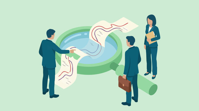Business people analyzing data and reports with a magnifying glass