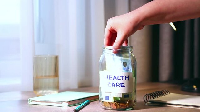 Health goal savings in labeled jar. Person contributing to Healthcare fund jar, representing wellness investment and proactive approach to medical expenses