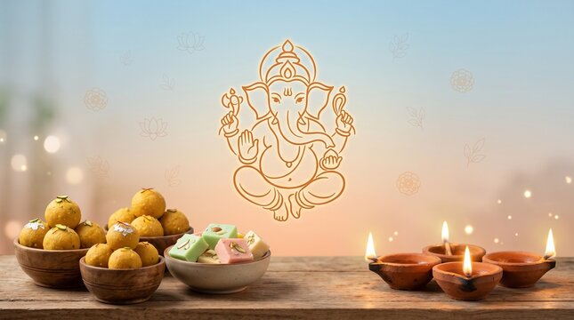 Ganesh Chaturthi Festive Table with Laddu Sweets Lit Diyas and Ganesha Line Art