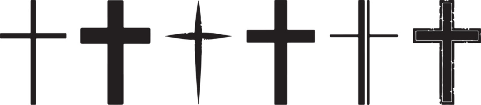 Series of black and white geometric crosses with varying thickness and patterns also transparent background