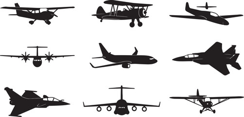 Silhouettes of various airplanes including biplanes, jet fighters, and airliners also transparent background © MeJaMa