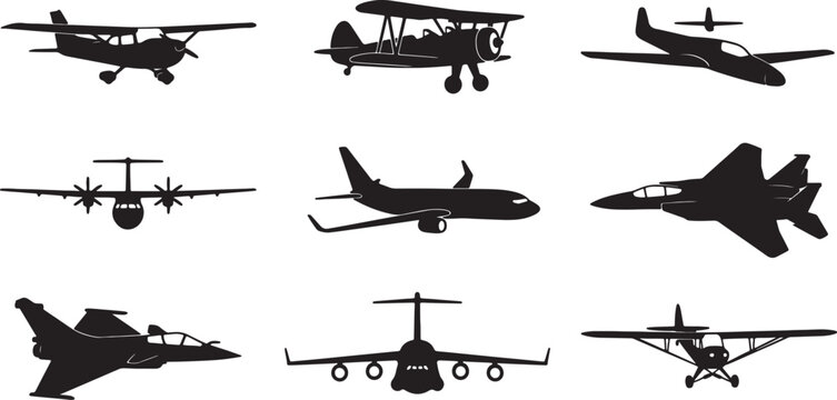 Silhouettes of various airplanes including biplanes, jet fighters, and airliners also transparent background