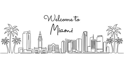 Fototapeta premium Miami Florida Skyline Line Art, Welcome to City, Travel Outline, Palm Trees