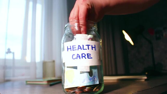 Hand dropping cash into glass savings jar on table. Close up of fingers inserting money into transparent container for HEALTH CARE. Financial planning for health and insurance