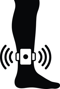 Black vector icon of a human leg silhouette wearing an electronic ankle monitor bracelet with wireless signal waves