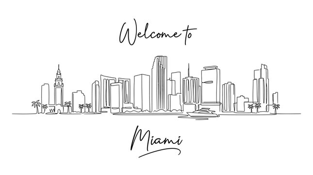 Miami Florida Skyline Line Art Cityscape Illustration