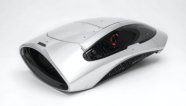 futuristic silver computer mouse with sleek aerodynamic design and glowing orange scroll wheel, isolated on a clean white background, concept for modern technology and innovation