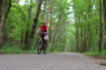 Naklejka premium Blurred cyclist riding bicycle on forest road surrounded by green woodland and shallow focus