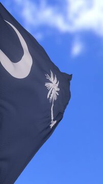 Close-Up South Carolina Flag Waving Against Bright Blue Sky