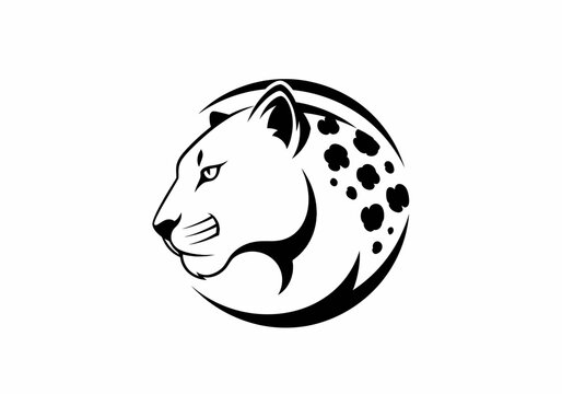 Black and white illustration of a leopards head in a circular design