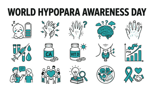 Hand Drawn Vector Icons Collection for World Hypopara Awareness Day Illustrating Symptoms, Diagnosis, and Support
