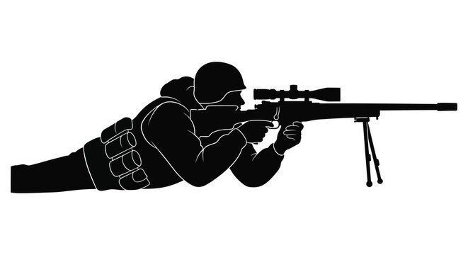 Sniper in prone position black silhouette on white background