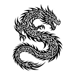 Naklejka premium Black and White Tribal Dragon Symbol in Circular Line Art Illustration