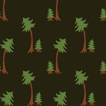 Seamless forest pattern with pine trees on dark green background
