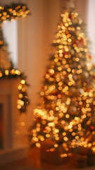 Obraz premium Cozy Christmas Tree With Warm Golden Lights And Festive Decorations Inside A Home At Night