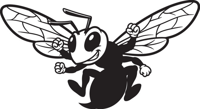 Black and white cartoon bee with four wings and a smiling face also transparent background, insect