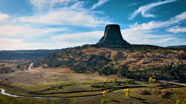 Aerial shot of the amazing Devils Tower National Monument in Wyoming.