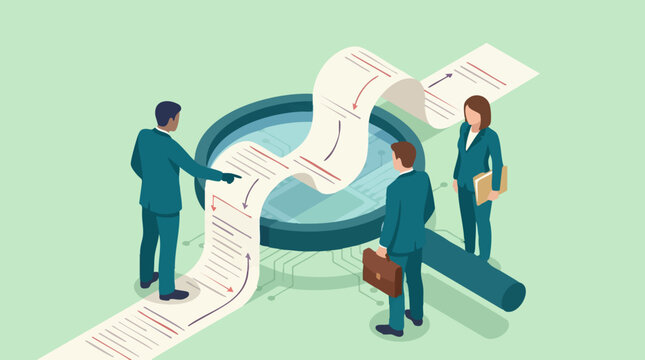 Business team analyzing workflow and data processes with magnifying glass
