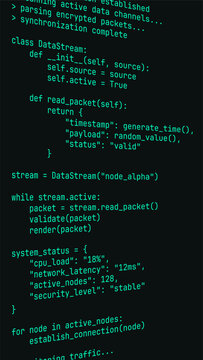 Cyan pseudocode and fictional Python class on dark background, simulating AI data stream processing and network status. Vertical format, vector.