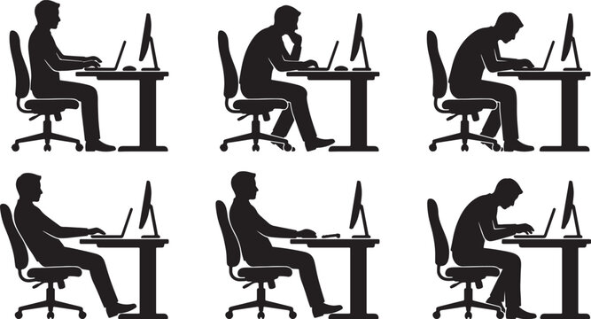 Six silhouettes of people working on laptops at desks in various sitting positions also transparent background