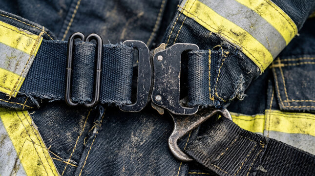 Close Up Firefighter Turnout Gear Buckles And Straps Showing Protective Equipment Texture Detail