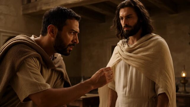 Thomas touching the wounds of Jesus. Biblical scene depicting the moment of doubt and belief. Historical religious reenactment

