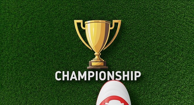 Golden Championship Trophy on Green Grass Field with Football Boot Ready to Kick