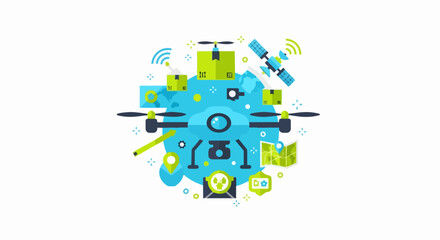 Fototapeta premium Modern Logistics Network and Autonomous Drone Delivery Concept Illustration with Global Shipping Icons