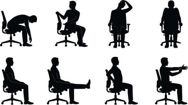 Office worker stretches and sits at desk