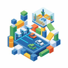 Fototapeta premium Isometric Cityscape with Colorful Toy Cars and Buildings.
