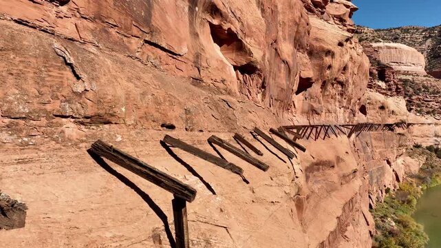 Aerial of the remains of the Hanging Flume water chute built in the Dolores River Canyon in Colorado. The flume was built in the 1880&rsquo;s to transport water for gold mining.