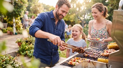 Obraz premium Man grilling meat skewers and corn on barbecue with smiling daughter and wife in sunny garden. Family outdoor cooking and bonding. Labor day holiday celebration with loved ones