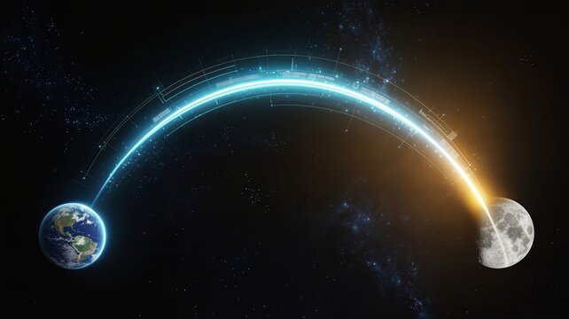 Luminous rocket trajectory from Earth to Moon &ndash; Ideal for aerospace marketing, tech startups, or future innovation blogs.