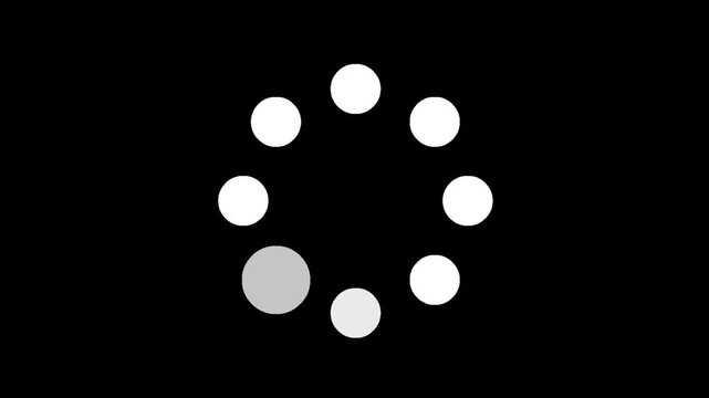 Minimalist loading spinner animation composed of white and grey circles on a black background
