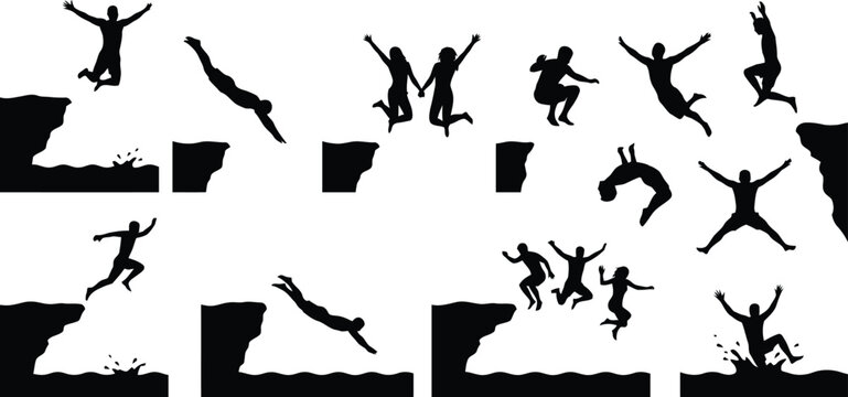 People jumping off cliff into water