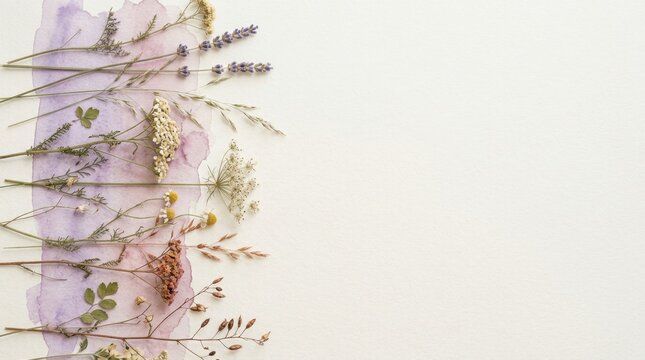 Dried Wildflowers and Herbs on Watercolor Paper Background