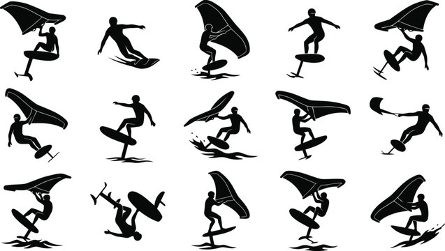 Surfer performing various wave riding poses on surfboard