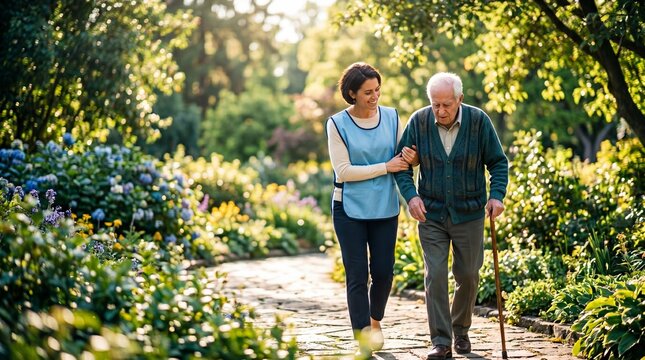 Woman volunteer in blue vest helping elderly man walk with cane on garden path. Community support and humanitarian aid concept for elderly welfare