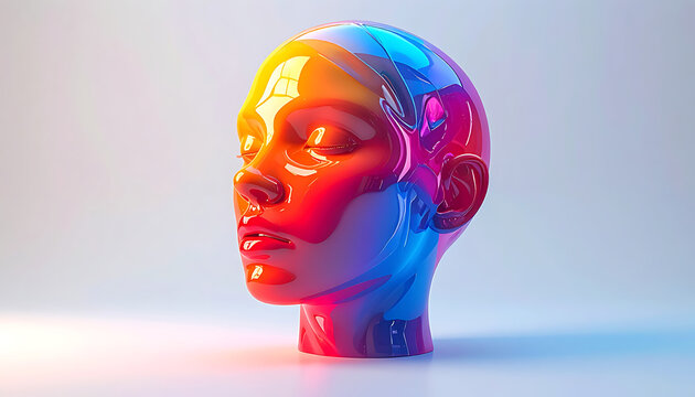 Glossy, pixelated human head sculpture with vibrant rainbow gradient lighting, abstract digital art and futuristic concept