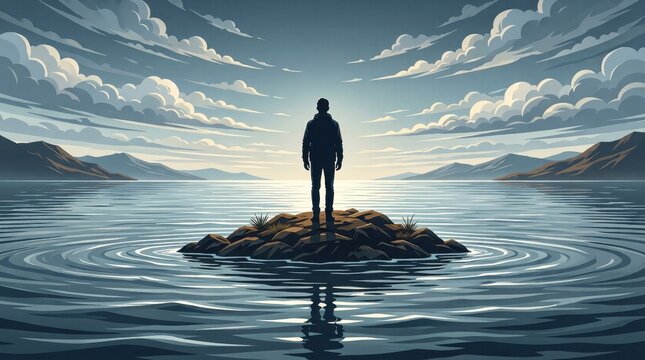 Man standing on rocky islet in tranquil sea at sunset