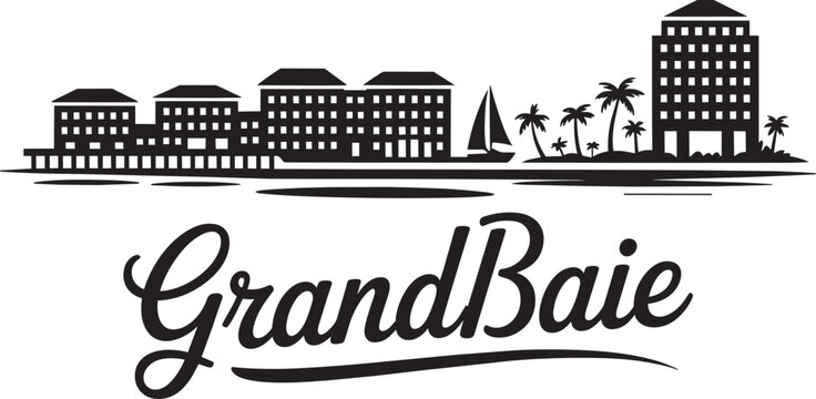 Monochrome tropical cityscape with silhouetted buildings, palm trees, a sailboat on the waterfront, and cursive text