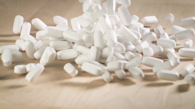 Vitamins and supplements fall onto a table in slow motion.